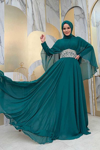 Bym Fashion فستان سهرة شيفون بتفاصيل مطرزة بالأحجار على الخصر 5001 زمردي