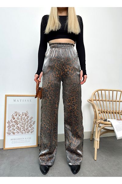 schlank Women's Leopard Print Shiny Fabric Wide Leg Elastic Waist Trousers