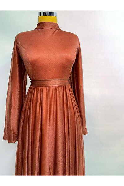 poplinmoda Glittered Waist Belted Balloon Sleeve Hijab Evening Dress