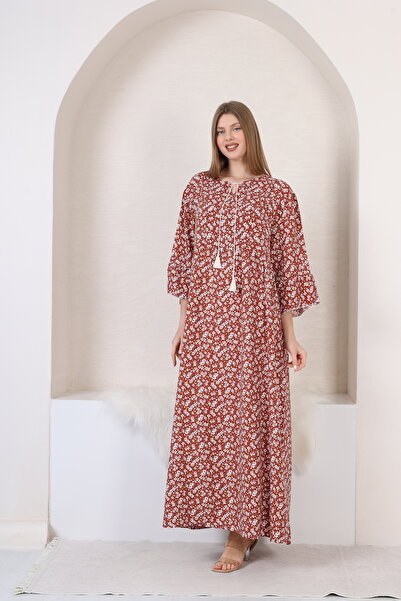 mervemoda Γυναικείο φόρεμα μεγάλου μεγέθους τριών τετάρτων μακρύ υφαντό μανίκι