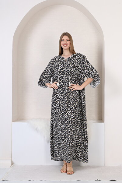 mervemoda Women's large size three quarter sleeve long woven dress