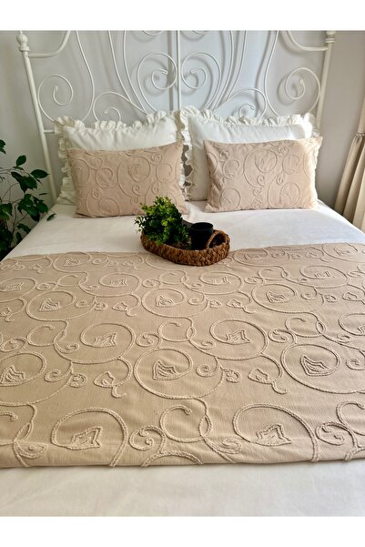 Decamor home Beige Embroidered Bed Runner Set Double Size Bohemian Bedspread (Bedspread Not Included)