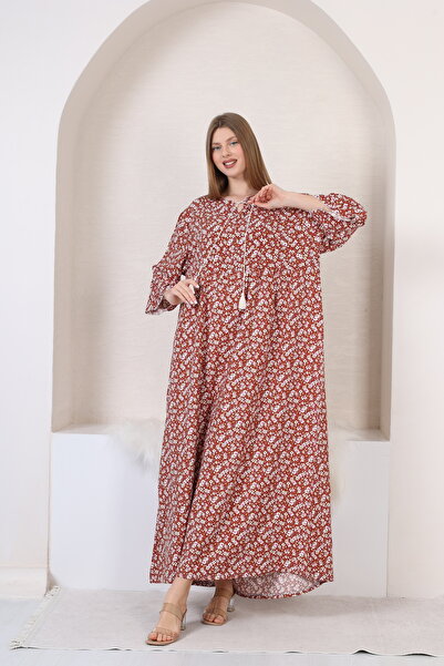 mervemoda Γυναικείο φόρεμα μεγάλου μεγέθους τριών τετάρτων μακρύ υφαντό μανίκι