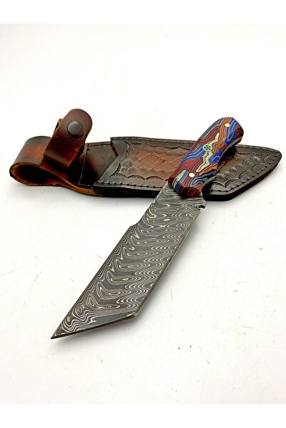 göcen El Yapımı Özel Damascus Kamp Bıçağı Deri Kılıflı Tactical Bıçak Tanto B...