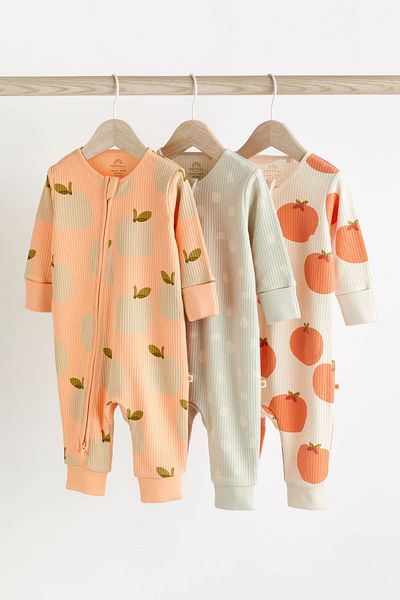 Next Baby Organic 100% Cotton Sage Green / Orange Fruit Patterned 3-Piece Jumpsuit Set ALY00438