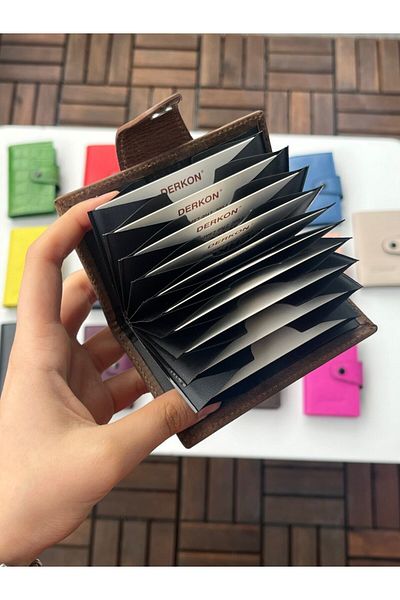 DERKON 100% Genuine Leather Accordion Card Holder Crazy Tan