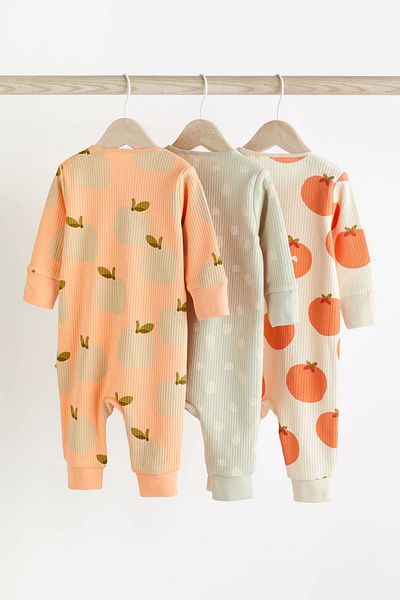 Next Baby Organic 100% Cotton Sage Green / Orange Fruit Patterned 3-Piece Jumpsuit Set ALY00438