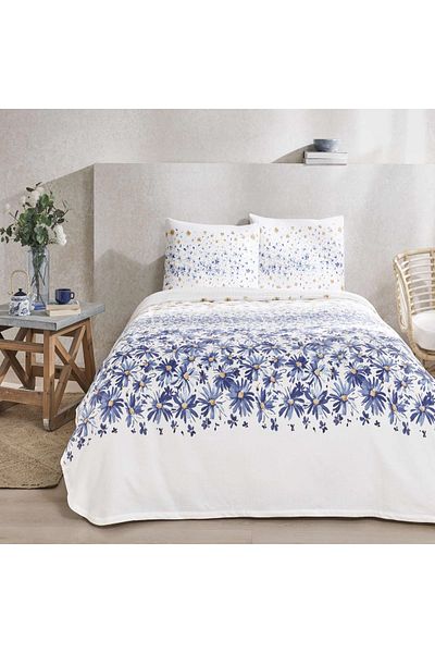 Taç Set Flora Imprimat Single Pique Albastru