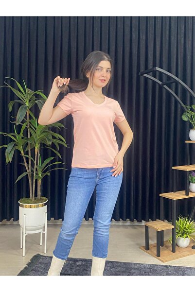 ESPOİRPLUS ŽENSKA MAJICA SA KRATKIM RUKAVIMA I V-IZREZOM U BOJI LOSOSA 100% p...