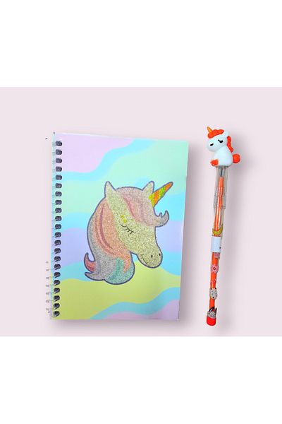 ÇİLEKHOMEAVM Blocnotes A6 cadou cu model unicorn - stilou cu sclipici