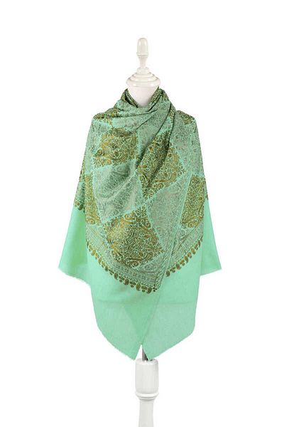 Bursa İpek Green Khaki Embroidered Suzani Wool Shawl