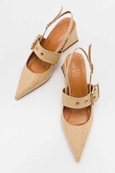 LuviShoes NEPIDO Beige Straw Women's Pointed Toe Open Back Thick Heeled Shoes