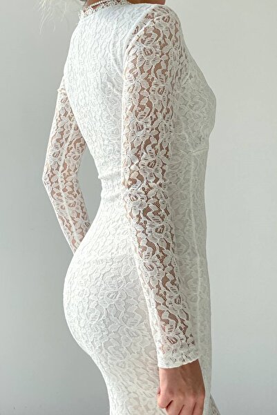 lovebox Kadın Dantel Kumaş Güpür Tasarım Kruvaze Yaka  Astarlı Midi Beyaz Abiye Elbise 218