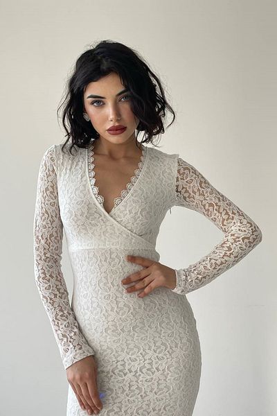 lovebox Women's Lace Fabric Guipure Design Double Breasted Collar Lined Midi White Evening Dress 218