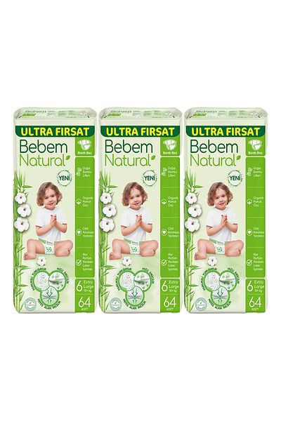 Bebem Natural حفاضات أطفال ألترا فرسات مقاس 6 كبير جدًا 15+ كجم 3 عبوات 192 حفاضة