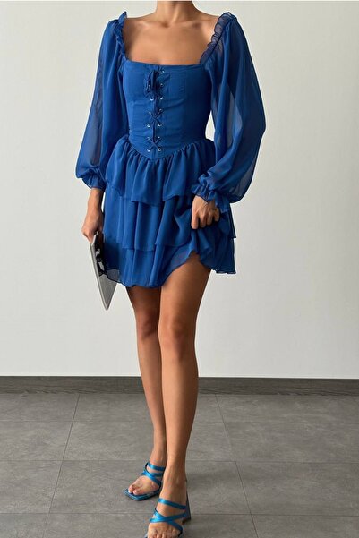 lovebox Kadın Tül Kumaş Önü Bağlama Tasarım Eteği Katlı Transparan Kol Saks M...