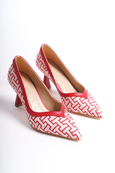 zaınexpress Kırmızı Geometrik Desenli Siviri Burunlu Topuklu Ayakkabı