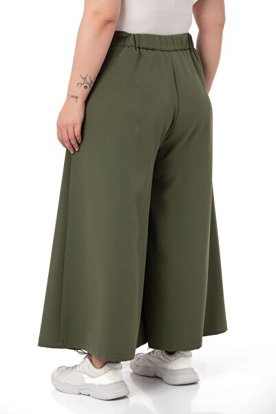 DISENTIS MODEST Plus Size Button Detailed Wide Leg Zippered Khaki Trousers
