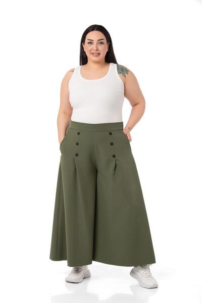DISENTIS MODEST Plus Size Button Detailed Wide Leg Zippered Khaki Trousers