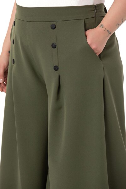 DISENTIS MODEST Plus Size Button Detailed Wide Leg Zippered Khaki Trousers