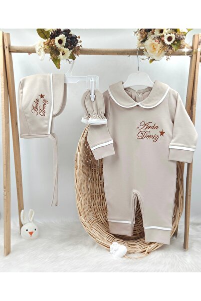 gros shop Biyeli 3'lü %100 Pamuklu Hastane Çıkış Tulum Seti (KİŞİYE ÖZGÜ İSİM...