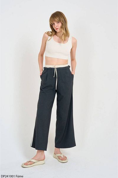 Liora Women's Smoked Striped Boxer Detailed Lace Up Double Pocket Trousers