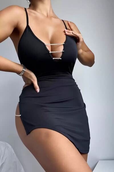 The Endless Love Kadın Siyah Dekolte Taşlı Mini Elbise