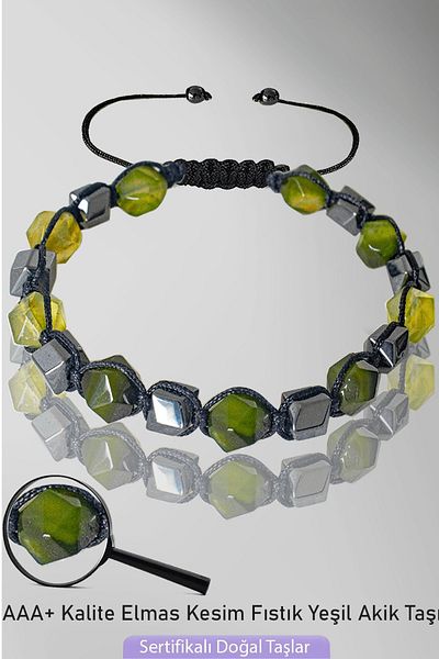 Tesbih Atölyesi Certified AAA+ Diamond Cut Terahertz - Green Agate Stone Bracelet - Adjustable