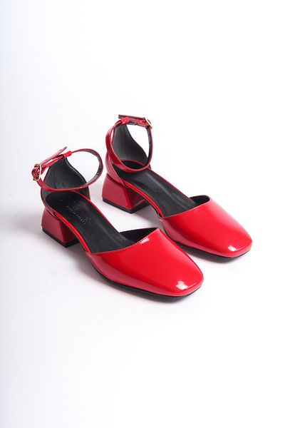 SEEM & BE Carmen Blunt Toe Ankle Strap Square Heel Red Patent Leather Shoes