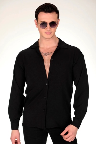 art of dress Ανδρικό πουκάμισο με υφή Aerobin μαύρο λινό Oversize