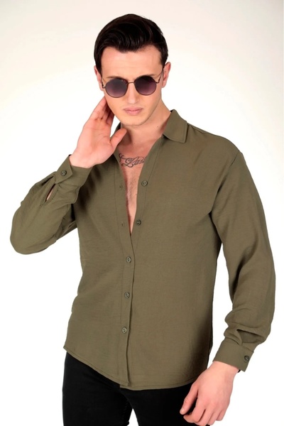 art of dress Ανδρικό πουκάμισο Oversize από λινό Aerobin Khaki με υφή