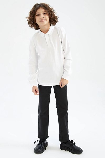 Nacar Boy's White Polo Neck Long Sleeve School T-Shirt
