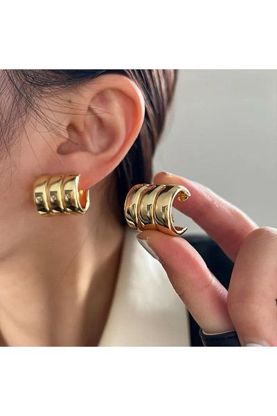 Rachel Gold Special Series Three Rows Curved Hoop Earrings-2 cm