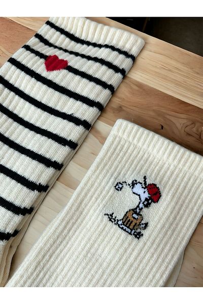 Rachel Cream-Black Heart Detailed 2-Piece Brand Socks Set