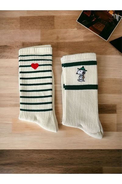 Rachel Cream-Green Heart Detailed 2-Piece Brand Socks Set
