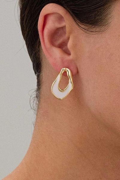 Diloshtrend Design Asymmetric White Enameled Gold Color Earrings