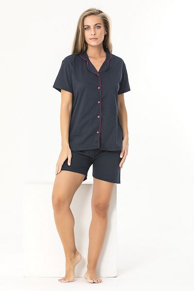 Sude HOMEWEAR Тъмносиня памучна пижама с къси ръкави и къси ръкави