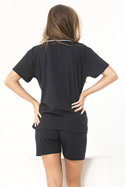 Sude HOMEWEAR SİYAH Renk Biyeli Pamuklu Kısa Kol ŞORT Pijama Takımı