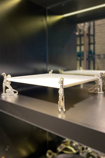 LEMİ DEKORASYON Jacquard Footed White Marble Presentation Holder 30*30 cm