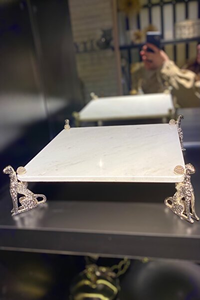 LEMİ DEKORASYON Jacquard Footed White Marble Presentation Holder 30*30 cm