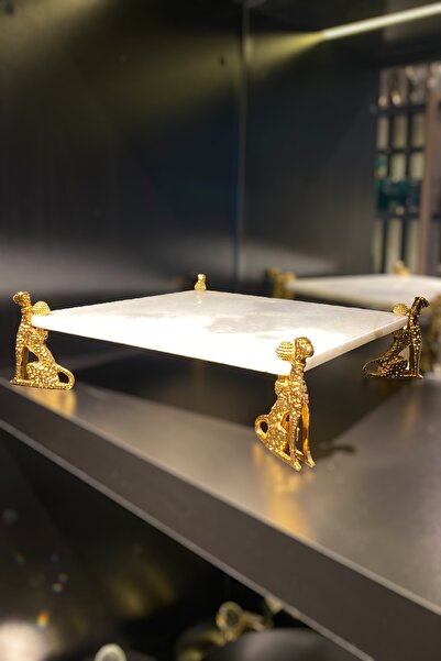 LEMİ DEKORASYON Jaguar Ayaklı Beyaz Mermer Sunumluk 30*30 cm