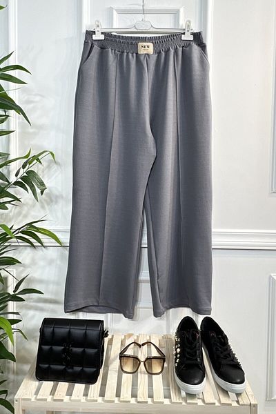 Aşkı Endam Asrın Wide Leg Trousers with Crest Detail and Full Stretch Elastic Waist - Gray