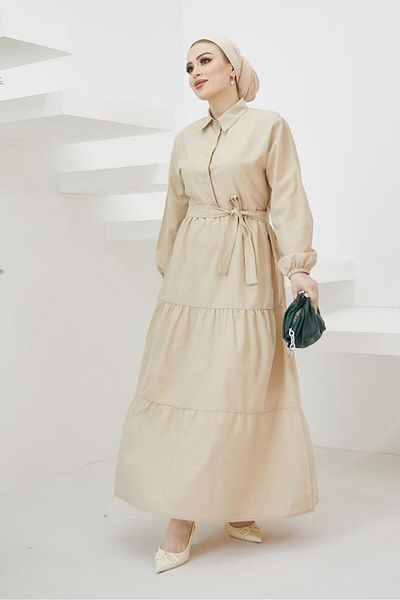 benguen 427 Shirt Collar Buttoned Hijab Dress Stone