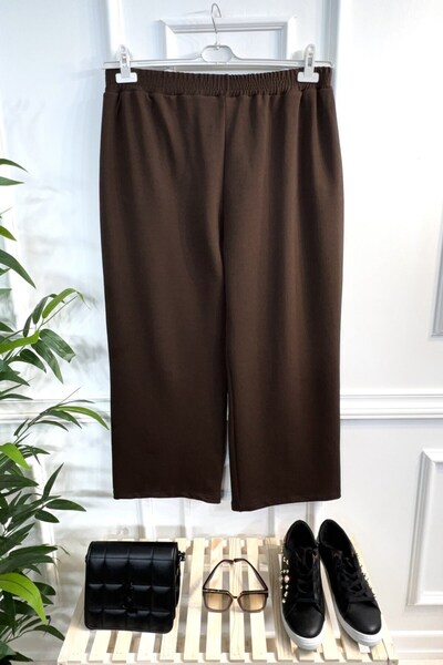 Aşkı Endam Asrın Wide Leg Trousers with Crest Detail and Full Stretch Elastic Waist - Brown