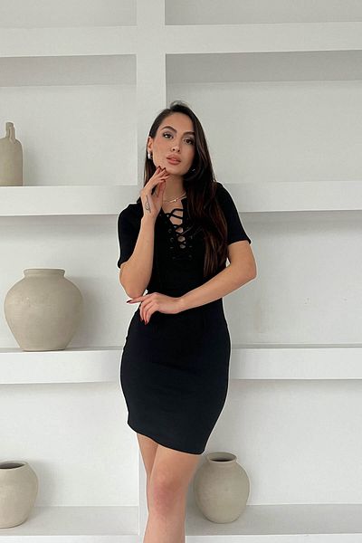 Seda Yalçın Atelier Black Lace-up Collar Short Sleeve Basic Dress