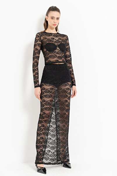 Kikiriki Black Long Sleeve Lace Blouse & Skirt Set