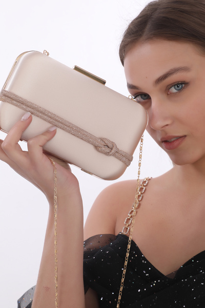 womenacs Skin Color Satin Stone Accessory Evening Dress Clutch Portfolio Handbag and Hanger Night Wedding Engagement Bag