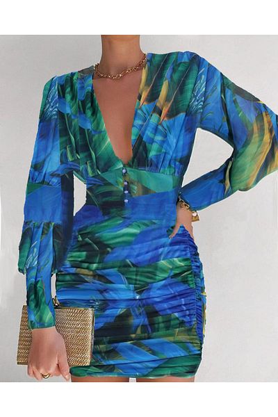 FASHION COCKTAIL Φόρεμα σιφόν με μακρυμάνικο λαιμόκοψη με μοτίβο παλάμης μπλε