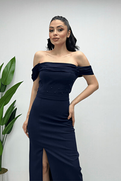 giyimmasalı Atlas Kumaş Yaka Şifon Pliseli Ve İnci Detaylı Elbise - LACİVERT