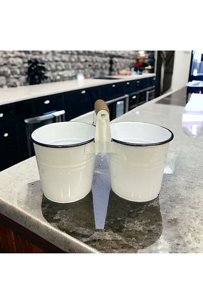 LUCKYHOMES Double Bucket with Wooden Handle and Spoon Holder with Rim, Spice Holder, Flower Pot 25X11